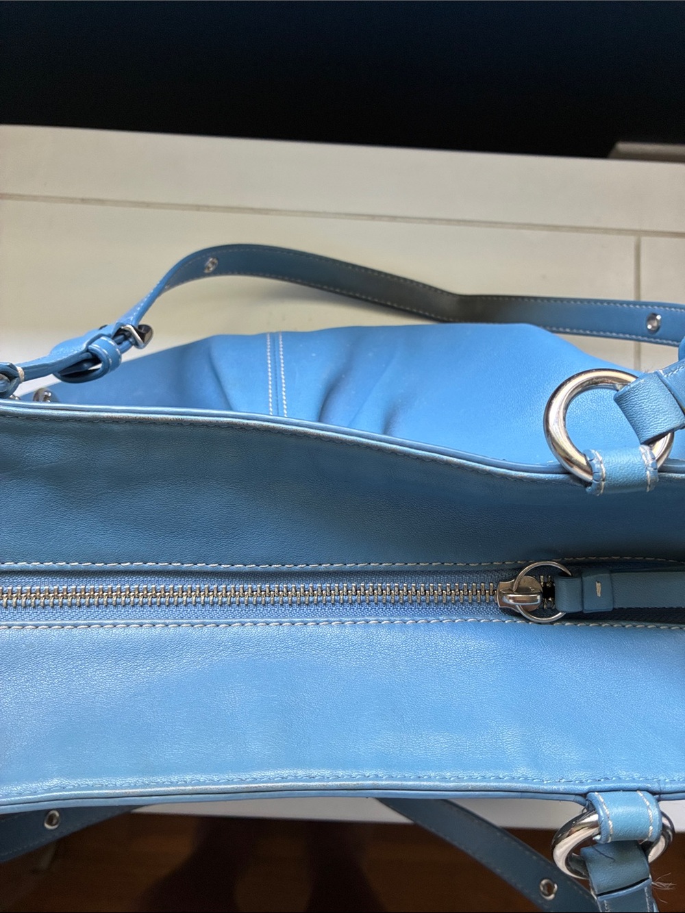 Coach Blue Leather Tote with Silver Coach Charm - Picture 7 of 8